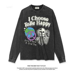 Autumn and Winter New American Street Phantom Skull Print Long Sleeve T-shirt Loose Washed Old Round Neck Fashion Signfr92