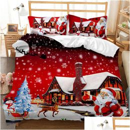 Yatak Seti Kırmızı Noel Yorgan Er Noel Baba Claus Snowman Twin King Set Mikrofiber 23pcs Yastık ile Karikatür Yorgan 221124 DRO DHAFE