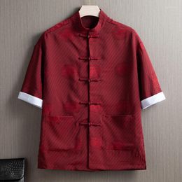 Men's Casual Shirts Chinese Jacquard Shirt Tang Suit Colour Blocking Short-sleeved Solid High-grade Blouse Zhongshan Clothing