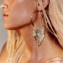 StoneFans Large Rhinestone Hoop Earrings For Women 2021 Statement Jewelry Silver Gold Big Round Tassel Prom Stage Gift & Huggie2991