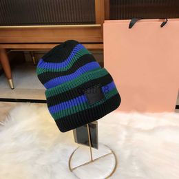 Beanie/Skull Caps Striped Blue Black Knit Beanie Hat Patch Skull Caps Ski Warm Winter Cap Women Men x0922