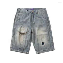 Men's Jeans Washed Hole Sticking Cloth Patch Hand Embroidered Stripe Denim Shorts Day Fashion Multi Pocket Light Blue Pants