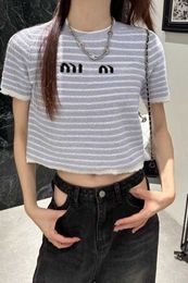 Small Design Sense 2023 Summer New Blue and White Towel Embroidery Letter Short Sleeve Round Neck T-shirt Knitted Women's Top