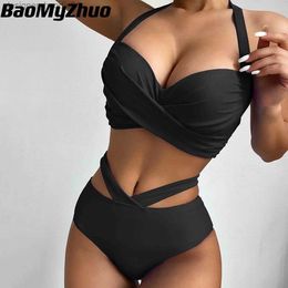 Women's Swimwear Women's Swimwear Sexy Push Up Bikini High Waist Swimsuits Twisted Swimwear Women 2022 New Solid Biquini Halter Bathing Suit Cut Out Beach Wear L230922