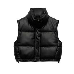 Women's Vests Winter PU Leather Jacket Vest Women Black Stand Collar Sleeveless Zipper Moto Biker AutumnShort Waistcoat Ladies