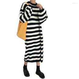 Women's Sweaters Fashion Striped Long Knitted Ddress Women Autumn/Winter 2023 Korean Loose Sweater Round Neck Black And White Dress