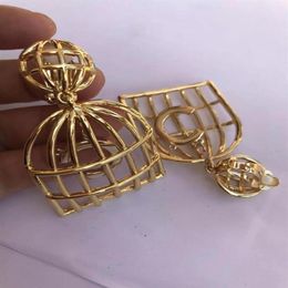 Dangle & Chandelier Punk Camellia Luxury Vintage Gold Metal Copper Stamp Big Birdcage With Drop Earrings For Women Girl Jewerly205S