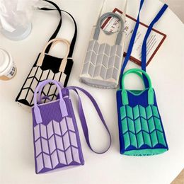 Evening Bags Handmade Knit Handbag Women Candy Color Crossbody Bag Japanese Casual Geometric Mobile Phone Student Summer Water Cup