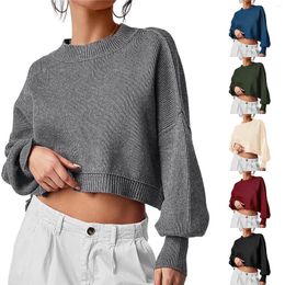 Women's Sweaters Round Neck Short Sweater 2023 Autumn Batwing Long Sleeve Rib Knit Side Split Extra Large Pullover Top
