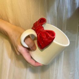 Mugs TngKe Nordic Ins Pure Handmade Natural Mineral Pigment Painted Bow Ceramic Mug Korean Home Couple Coffee Cup Girls Water