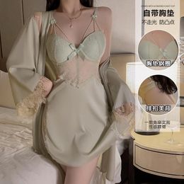 Women's Sleepwear Bathrobe Gown Suit Sexy Lace Hollow Out Nightdress Bride Wedding Kimono Robe Set Summer Silky Satin Home Clothes