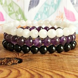 MG0319 Top Grand Moonstone Energy Bracelet Set Natural Black Tourmaline Amethyst Bracelet Balance Chakra Gem Stone Bracelet2707