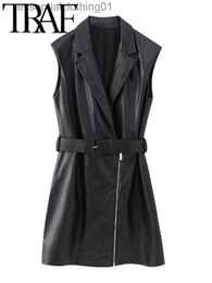 Women's Vests TRAF GAL Black Faux PU Leather 2023 Autumn Women Waistcoat Blazer Long Vest With Belt Slim Sleeveless Zipper Female Top L230922