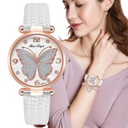 Wristwatches Women's Fashion White Butterfly Diamond Set Design Watches 2023 Brand Ladies Quartz Wristwatch Simple Femme Leather Band Clock