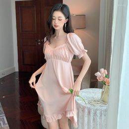 Women's Sleepwear Vintage Pink Satin Nightgowns Sexy Night Dress Women Lingerie Short Sleeve Nightdress