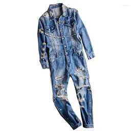 Men's Jeans High Street Short Sleeve Romper Hip Hop Loose Rip Stitching Style Casual Overalls Black Pants