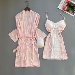 Women's Sleepwear Casual Lace Sexy Kimono Bathrobe Gown Intimate Lingerie Bride Bridesmaid Wedding Robe Set Soft Homewear