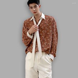 Men's Casual Shirts Luxury Mens Long Sleeve Flower Printed Designer Lace Up Collar Korean Oversized Streetwear Men Blouse BF Lazy Style Tops