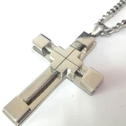 Gift for Men's Highly Polished Stainless Steel Wire Cross Pendant and 5MM Curb Cuban Link Chain Necklace 18-32 inch Large243p