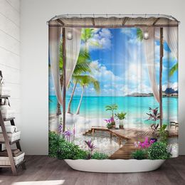 Shower Curtains Ocean Beach Shower Curtain Blue Sky Sea Tropical Palm Trees Seaside Landscape Bath Curtain Waterproof Fabric Bathroom Decor 230922