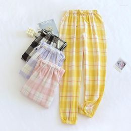 Women's Sleepwear Cotton Pyjama Pants Double Layer Gauze Plaid Sleep Bottoms Elastic Waist Broadcloth Night Wears For Women