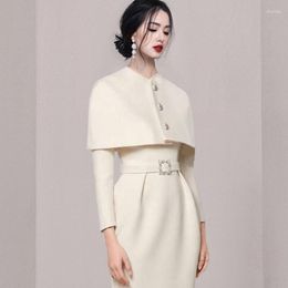 Ethnic Clothing Woolen OL Commuter Shawl Small Cloak High Waist Slim Elegant White Temperament Two Piece Autumn/Winter Dress