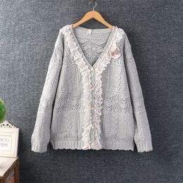 Womens Knits Tees Autumn Sweet Lace Stitching V neck Knitted Cardigan Sweater Women Long Sleeve Twist HT16087 230921