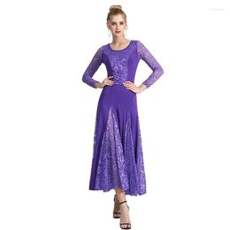 Stage Wear Women's Dance Outfit Long Dress Lace Sleeve Tango Ballroom Waltz Modern Clothing Competition Standard Costume