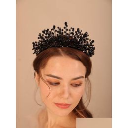 Headpieces Luxury Black Crystal Crown Fashion Handmade Bridesmaid Hair Jewelry Tiaras Bridal Accessories For Women Headpiece Drop Deli Dhfdo