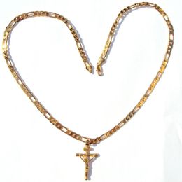 24k Solid Gold GF 6mm Italian Figaro Link Chain Necklace 24 Womens Mens Jesus Crucifix Cross Pendant280o