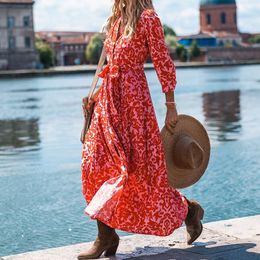 Basic Casual Dresse Floral Print Holidays Long Dress Spring Single Breasted Lapel Office Shirt Autumn Sleeve Belted Boho Maxi 230921