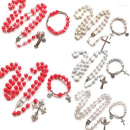 Necklace Earrings Set Acrylic Beads Bracelet Rosary Long Cross Pendant Religious For Men Women