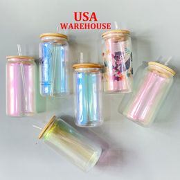 Warehouse gorgeous glitter glass can 16oz Transparent Fruit Juice Beer Glasses Cups with bamboo lid and straw Recyclable soda beer coffee cups for customized gifts