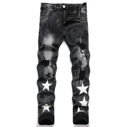 Mens Jeans EH MD Star Embroidered Leather MicroChannel Stitching Cotton High Stretch Slim Pants 3D Street Gradient Art23 230922