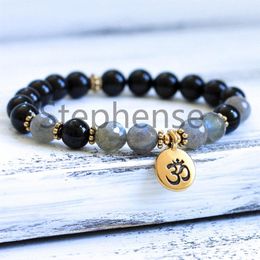 MG0696 New Design 8 mm Black Tourmaline Bracelet Natural Faced Labradorite Gemstone Energy Bracelet Women's Chakra Yoga Mala Brace203f