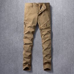 Mens Jeans Fashion Designer Men Khaki Stretch Elastic Slim Fit Vintage Spliced Zipper Pocket Hip Hop Denim Pants 230922