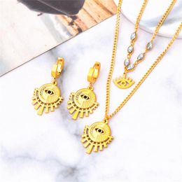 Necklace Earrings Set 316L Stainless Steel 2 Layer Zircon Eyes Sun Moon Pendant Charm Chain Necklaces Fashion High Jewelry Party Gift