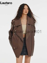 Women's Fur Faux Fur Lautaro Spring Autumn Cool Oversized Soft Brown Pu Leather Biker Jacket Women Loose Chic Luxury Designer Unisex Clothes 2023 J230922