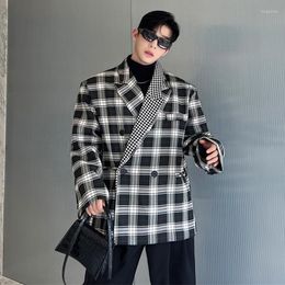 Men's Suits SYUHGFA Elgance Blazers Korean Style Half Double Neckline Niche Design Chequered Contrast Colour Oversize Suit Jacket