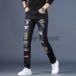 Men's Jeans Korea Version Mens Noble Black Jeans High Quality Ripped Slim Stretch Jeans Light Luxury Embroidery Jeans Sexy Street Jeans; J230922