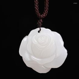 Decorative Figurines 1PC Natural Gemstone Rose Pendant Afghanistan White Jade Quartz Flower Shape Charm Necklace Jewellery For Woman Jewellery