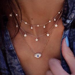 Vintage Gold Colour Crystal Water Drop Star Eye Pendant Necklace for Women Boho Charm Layered Necklaces Collars 6384241U