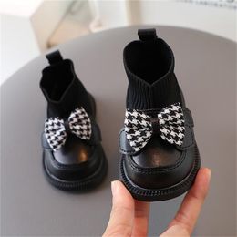 Kids Ankle Boots Autumn Winter Toddlers baby Bow Socks Booties Princess Leather Shoe Fashion Children Girl Martin Boots