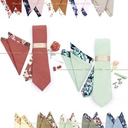 Neck Ties 5 PCS Luxury Cotton Patchwork 7cm Tie Sets Brooch Pin Clip Hankie Cufflinks Men Wedding Party Floral Cravat Gift Accessory 231013
