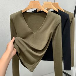 Women's T Shirts Female V-neck Cotton T-shirt Girls Stretchy Full Sleeve Solid Slim Elegant Tshirts Tops For Spring Autumn Woman