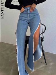 Women's Jeans Fantoye Sexy Side Slit Hollow Out Women Jeans Black High Waist Metal Button Jeans Female Summer Slim Spicy Girl Streetwear 2023 T230922