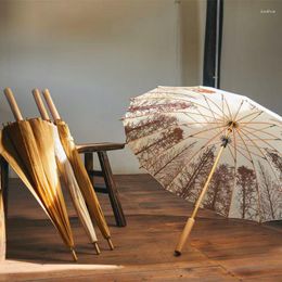 Umbrellas 16 Bone Clear Umbrella National Style Retro Art Small Fresh Long Handle Wooden Windproof And Sunscreen Black Adhesive