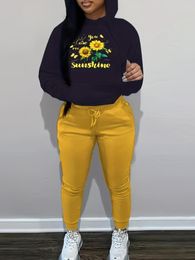 Women's Two Piece Pants LW Sunflower Letter Print Kangaroo Pocket Tracksuit Set Casual 2pcs Drawstring Matching Outfits Black Hoodie&Yellow