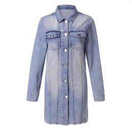 Women's Jackets Girls Autumn Rolled Long Sleeved Jean Jacket Button Down Woman Clothing With Pocket Denim Over