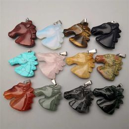 fashion natural stone Horse head mixed Pendants & necklaces for making Jewelry charm Animal Good quality 12pcs lot whole 21101296M